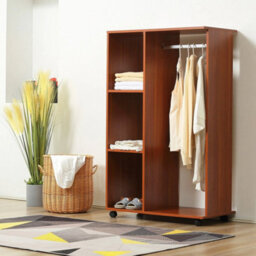 Rolling Open Wardrobe Hanging Rail Storage Shelves For Clothes, Walnut - thumbnail 3