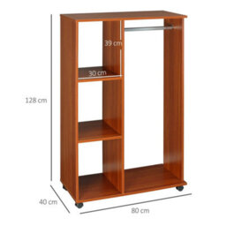Rolling Open Wardrobe Hanging Rail Storage Shelves For Clothes, Walnut - thumbnail 2