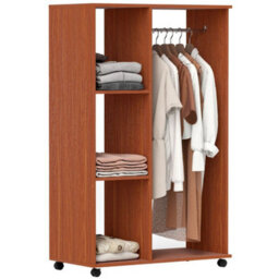 Rolling Open Wardrobe Hanging Rail Storage Shelves For Clothes, Walnut - thumbnail 1