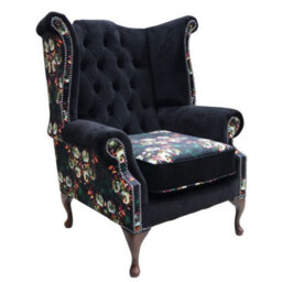 Chesterfield High Back Wing Chair Floral Black Velvet Bespoke In Queen Anne Style - thumbnail 1