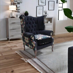 Chesterfield High Back Wing Chair Floral Black Velvet Bespoke In Queen Anne Style - thumbnail 3