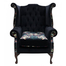 Chesterfield High Back Wing Chair Floral Black Velvet Bespoke In Queen Anne Style - thumbnail 2