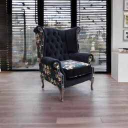 Chesterfield High Back Wing Chair Floral Black Velvet Bespoke In Queen Anne Style - thumbnail 4