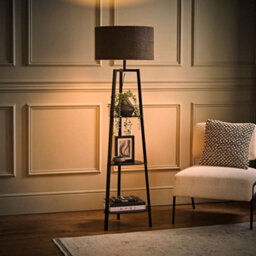Valuelights Hiru Black 3 Tier Shelf Floor Lamp With Charcoal Boucle Shade And Bulb - thumbnail 1