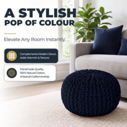 Bravich Navy Blue Chunky Knitted Pouffe Footstool - 50Cm Round - thumbnail 3
