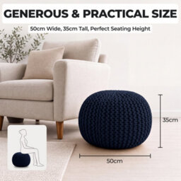 Bravich Navy Blue Chunky Knitted Pouffe Footstool - 50Cm Round - thumbnail 4