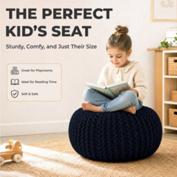 Bravich Navy Blue Chunky Knitted Pouffe Footstool - 50Cm Round - thumbnail 5