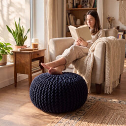 Bravich Navy Blue Chunky Knitted Pouffe Footstool - 50Cm Round - thumbnail 9