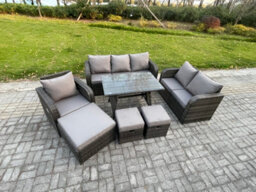 Fimous 9 Seater Outdoor Rattan Garden Furniture Set Patio Lounge Sofa Set With Dining Table 3 Footstools Dark Grey Mixed - thumbnail 2