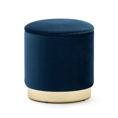 Hnnhome 37Cm Round Dark Blue Velvet Ottoman Storage Box With Lid,pouffe Seat Chair,bedroom Dressing Stool With Gold Plating Base - image 1