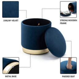 Hnnhome 37Cm Round Dark Blue Velvet Ottoman Storage Box With Lid,pouffe Seat Chair,bedroom Dressing Stool With Gold Plating Base - thumbnail 2