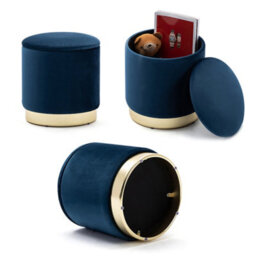 Hnnhome 37Cm Round Dark Blue Velvet Ottoman Storage Box With Lid,pouffe Seat Chair,bedroom Dressing Stool With Gold Plating Base - thumbnail 5