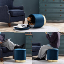 Hnnhome 37Cm Round Dark Blue Velvet Ottoman Storage Box With Lid,pouffe Seat Chair,bedroom Dressing Stool With Gold Plating Base - thumbnail 6