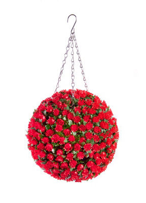 Pair Of Best Artificial 28Cm Red Rose Hanging Basket Flower Topiary Ball - Suitable For Outdoor Use - Weather & Fade Resistant - image 1