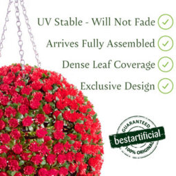 Pair Of Best Artificial 28Cm Red Rose Hanging Basket Flower Topiary Ball - Suitable For Outdoor Use - Weather & Fade Resistant - thumbnail 2
