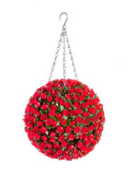 Pair Of Best Artificial 28Cm English Red Rose Hanging Basket Flower Topiary Ball - Weather & Fade Resistant