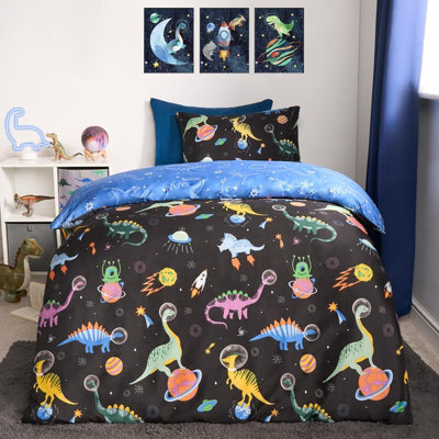 OHS Space Duvet Cover Bedding Set Pillowcases Dino Reversible Quilt, Navy - Single - image 1