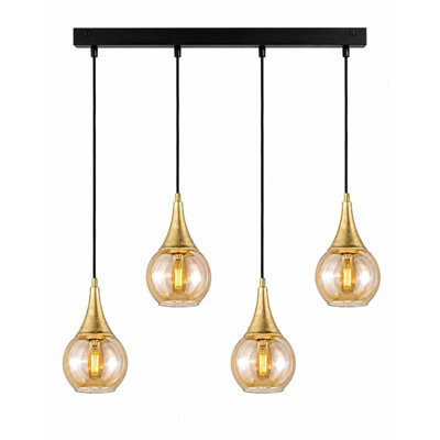 Luminosa Lighting Luminosa Lacrima Bar Pendant Ceiling Light Black, Gold Amber Glass Shade 4X E27 - image 1