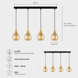 Luminosa Lighting Luminosa Lacrima Bar Pendant Ceiling Light Black, Gold Amber Glass Shade 4X E27 - thumbnail 4