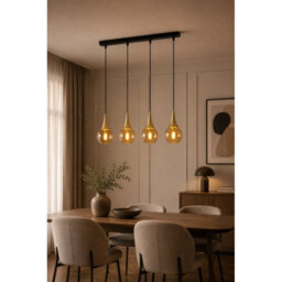 Luminosa Lighting Luminosa Lacrima Bar Pendant Ceiling Light Black, Gold Amber Glass Shade 4X E27 - thumbnail 6