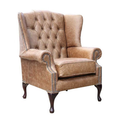 Chesterfield High Back Wing Chair Cracked Wax Tan Real Leather In Mallory Style - image 1