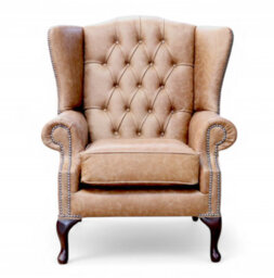 Chesterfield High Back Wing Chair Cracked Wax Tan Real Leather In Mallory Style - thumbnail 3