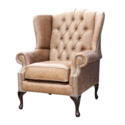 Chesterfield High Back Wing Chair Cracked Wax Tan Real Leather In Mallory Style - thumbnail 2