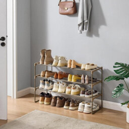 Medium Shoe Rack, Metal Storage Organizer, Reversible Footwear Shelf, Stackable Hallway Storage, Walnut Brown