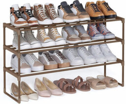 Songmics Medium Shoe Rack, Metal Storage Organizer, Reversible Footwear Shelf, Stackable Hallway Storage, Walnut Brown - thumbnail 6