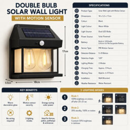 HSD Double Bulb Solar Wall Light With Motion Sensor (18 X 5.5 X 17Cm) - 3 Mode Warm White Led, Water Resistant, 6-8 Hour Lighting - thumbnail 6