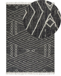 Beliani Oriental Geometric Rug 140 X 200 Cm Off-White And Black With Tassels - thumbnail 3