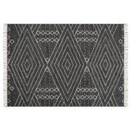 Beliani Oriental Geometric Rug 140 X 200 Cm Off-White And Black With Tassels - thumbnail 1