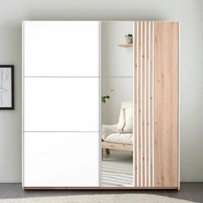 Arte Sintra 203Cm Sliding Wardrobe - White & Wotan Oak, Modern Elegance & Mirror Magic - image 1