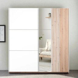 Arte Sintra 203Cm Sliding Wardrobe - White & Wotan Oak, Modern Elegance & Mirror Magic - thumbnail 1