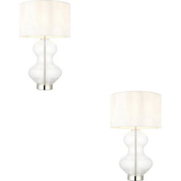 Loops 2 Pack Bright Nickel Plate Table Lamp - Clear Glass With Vintage White Fabric Shade - Touch Dimmable - thumbnail 1