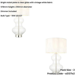 Loops 2 Pack Bright Nickel Plate Table Lamp - Clear Glass With Vintage White Fabric Shade - Touch Dimmable - thumbnail 2