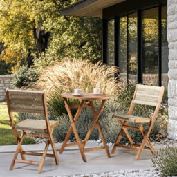 Wyld And Coco Beige Acacia Rope Folding Garden Chairs Set Of 2 - Compact Foldable Outdoor Dining Chairs - thumbnail 2