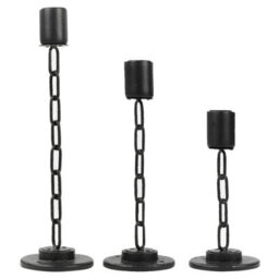 Urbn-Living Urbnliving 3Pcs 1 Of Each Size Black Metal Chain Link Design Candle Holder With Wooden Stand Home Décor - thumbnail 2