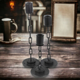 Urbn-Living Urbnliving 3Pcs 1 Of Each Size Black Metal Chain Link Design Candle Holder With Wooden Stand Home Décor