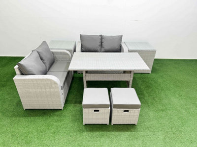 Fimous 6 Seater Outdoor Love Sofa Set Rattan Garden Furniture Set Rectangular Dining Table 2 Small Stools 2 Side Tables Light Grey - image 1