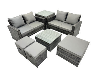 Fimous Pe Rattan Garden Furniture Set Lounge Double Seat Sofa Coffee Table Set With Side Table 3 Stools Dark Grey Mixed - image 1