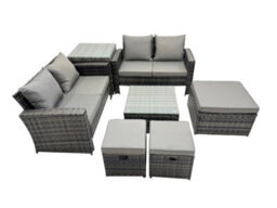 Fimous Pe Rattan Garden Furniture Set Lounge Double Seat Sofa Coffee Table Set With Side Table 3 Stools Dark Grey Mixed - thumbnail 2