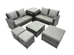 Fimous Pe Rattan Garden Furniture Set Lounge Double Seat Sofa Coffee Table Set With Side Table 3 Stools Dark Grey Mixed - thumbnail 1