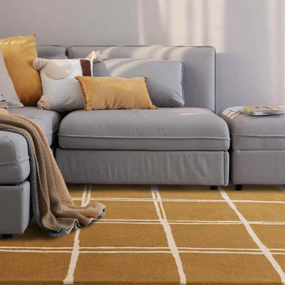 Gold Chequered Wool Modern Shaggy Handmade Rug For Living Room Bedroom & Dining Room-200Cm X 290 Cm - image 1
