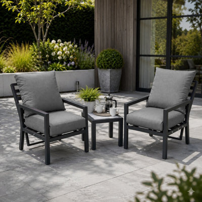 Shatchi 4 Seater 5 Piece Aluminium Garden Sofa Dining Set With Gas Lift Table, Ottoman Bench & Grey Cushions - image 1