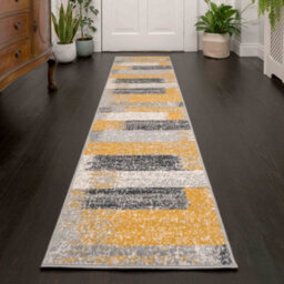 Loomed Yellow Ochre Grey Distressed Striped Block Living Room Runner Rug 60X240Cm - thumbnail 1