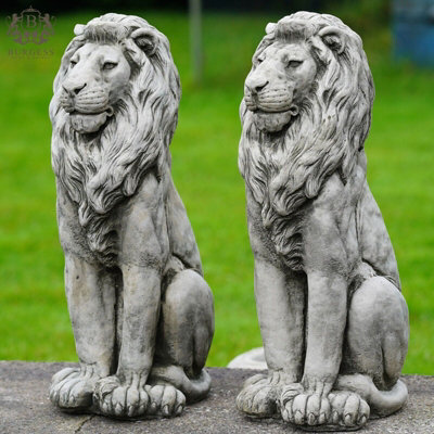 Burgess Pair Of Regal Lion Stone Statues British Made Large Garden Ornaments - image 1
