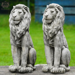 Burgess Pair Of Regal Lion Stone Statues British Made Large Garden Ornaments - thumbnail 3