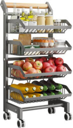 London Boutique 32X42X90Cm 4 Tier Wheeled Kitchen Trolley Grey, Heavy Duty Metal Vegetable Fruit Storage Rack With Wooden Handle - thumbnail 5