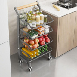 London Boutique 32X42X90Cm 4 Tier Wheeled Kitchen Trolley Grey, Heavy Duty Metal Vegetable Fruit Storage Rack With Wooden Handle - thumbnail 6